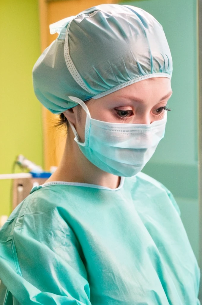 score_9, score_8_up, score_7_up, masterpiece, highest quality, pale skin, shy eyes, cover the ears, big breasts, surgical mask, surgical cap, long sleeve surgical gown,
1 girl, pregnant, solo, see the whole body, rubber gloves, frown, standing, in one hospital, in the operating room,