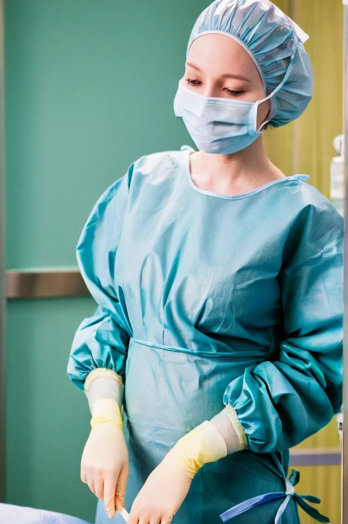 score_9, score_8_up, score_7_up, masterpiece, highest quality, pale skin, shy eyes, cover the ears, big breasts, surgical mask, surgical cap, long sleeve surgical gown,
1 girl, pregnant, solo, see the whole body, rubber gloves, frown, standing, in one hospital, in the operating room,