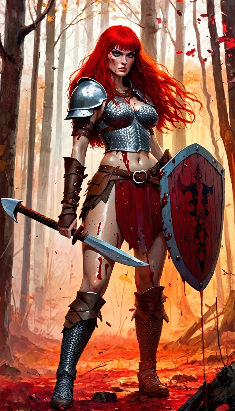 A fierce redhead warrior, Red Sonja, in chain mail, very sexy, full of blood, with a wooden shield and an axe, in a closed forest landscape, autumn, blood stains , dramatic lighting, art inspired by Bill Sienkiewicz
