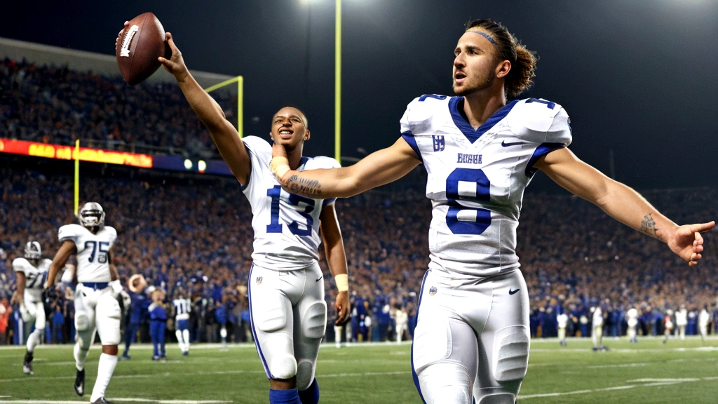 football player, euphoric celebration, crown on the head, football field