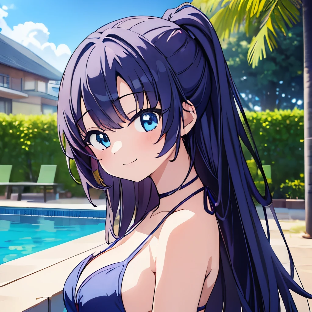 ((masterpiece)), ((best quality)), (ultra-detailed), anime style, pool, a cute girl, 1girl, solo, ((beautiful eyes)), smile, bikini00,