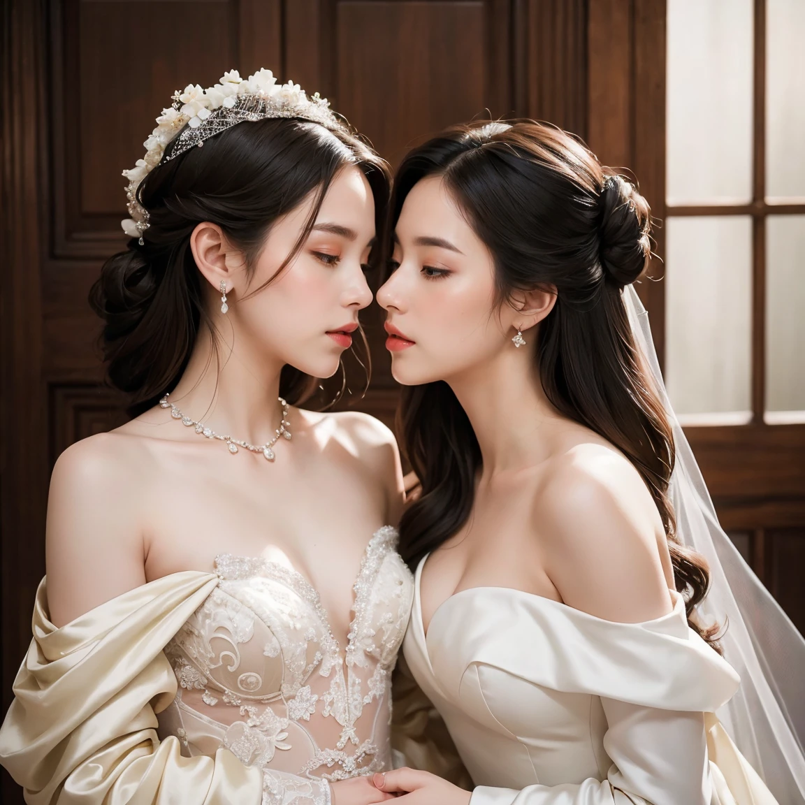 (masterpiece, highest quality, official art, beauty and aesthetic), two stunning bride is deeply in love with each other, kiss