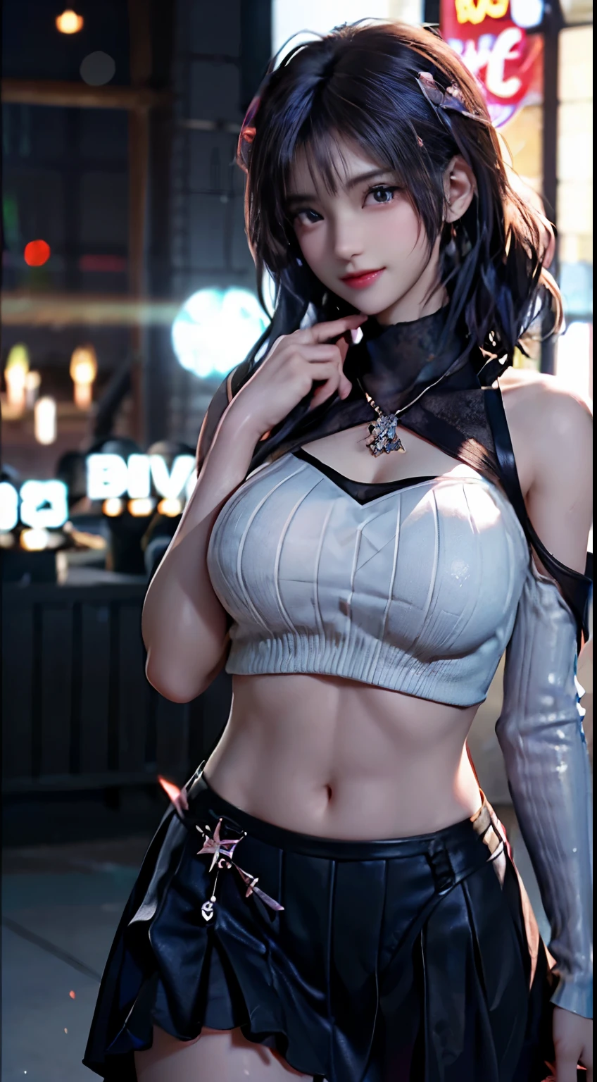 (logo, masterpiece, 8K, Tabletop, RAW Photos, wonderful, 最high quality, Photorealistic and very detailed CG composite 8k wallpaper, high quality, Very detailed, Narrative poem, Particle Effects, Dynamic Effects, Depth of the Boundary, Cinematic Light, Lens flare, Ray Tracing), short hair beautiful young woman, Hair tied back, high detail skin, very fine, fine skin texture, beautiful face, realistic eyes, beautifully detailed eyes, realistic skin, beautiful skin, surreal, smiling eyes, Hair and light eyes, Vibrant, Colorful lights and bokeh. The lighting casts a warm glow on her face and hair, Blue glow, Water surface reflection, Creates a dreamy and magical atmosphere, Big Breasts, Brown Hair, short hair, plump lower lip, pink blush on the cheeks , pink lips, brown tight no-shoulder knit sweater