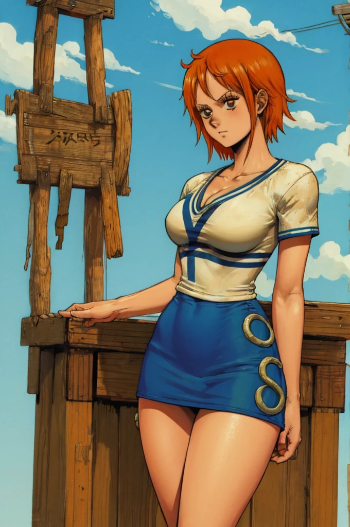 Dorohedoro Style, Nami from One Piece, short orange hair, white T-shirt with blue stripes, orange short skirt, sexy thick body, sea, sea beach