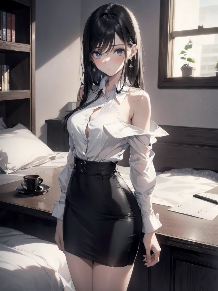 absurdres, RAW photo, extremely delicate and beautiful, masterpiece, Best Quality, ultra high resolution, 32k, hyperrealistic, ultra-detailed, in her 20s, delicate facial features, tearful mole, earring, medium breasts, full body shot, shorter middle black hair, short pencil skirt, button up shirt, black shirt, bare shoulder,
