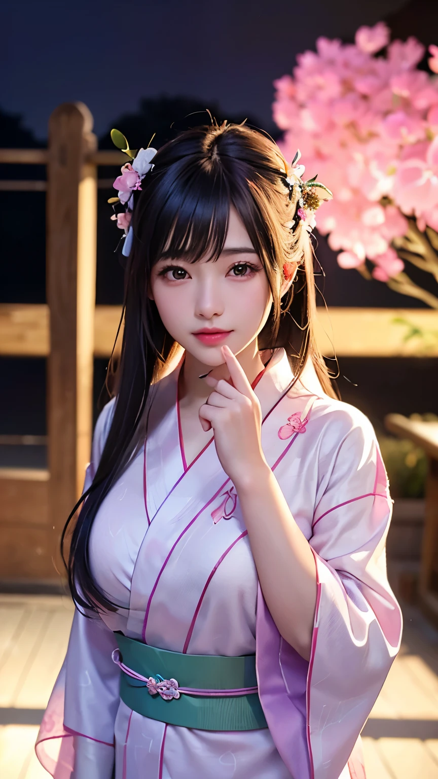 (logo、masterpiece、8K、Tabletop、RAW Photos、wonderful、最high quality、フォトリアリスティックでVery detailedな CG 複合 8K 壁紙、high quality、Very detailed、Narrative poem、Particle Effects、Dynamic Effects、Depth of the Boundary、Cinematic Light、Lens flare、Ray Tracing)、 (One beautiful woman wearing a yukata、White yukata、Light purple pattern)、Black-haired、High definition skin、Very fine、Fine skin texture、Beautiful Face、True Face、Beautiful details in the eyes、Realistic eyes、Beautifully detailed eyes、Realistic Skin、Beautiful Skin、Surreal、Smiling Eyes、Hair and light eyes、vivid、Colorful lights and bokeh、plump lower lip、Pink Lips、Hair flutters in Wind、Hair bounces、wonderful景色、night、evening、Wind、moonlight、moonlight、light