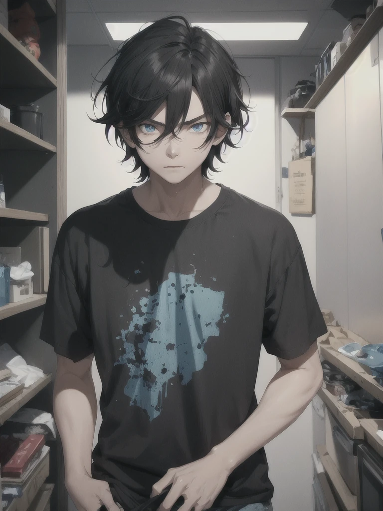 young man, messy black hair, Blue eyes, Korean, Casual clothes, shirts, anger, Masterpiece, high quality
