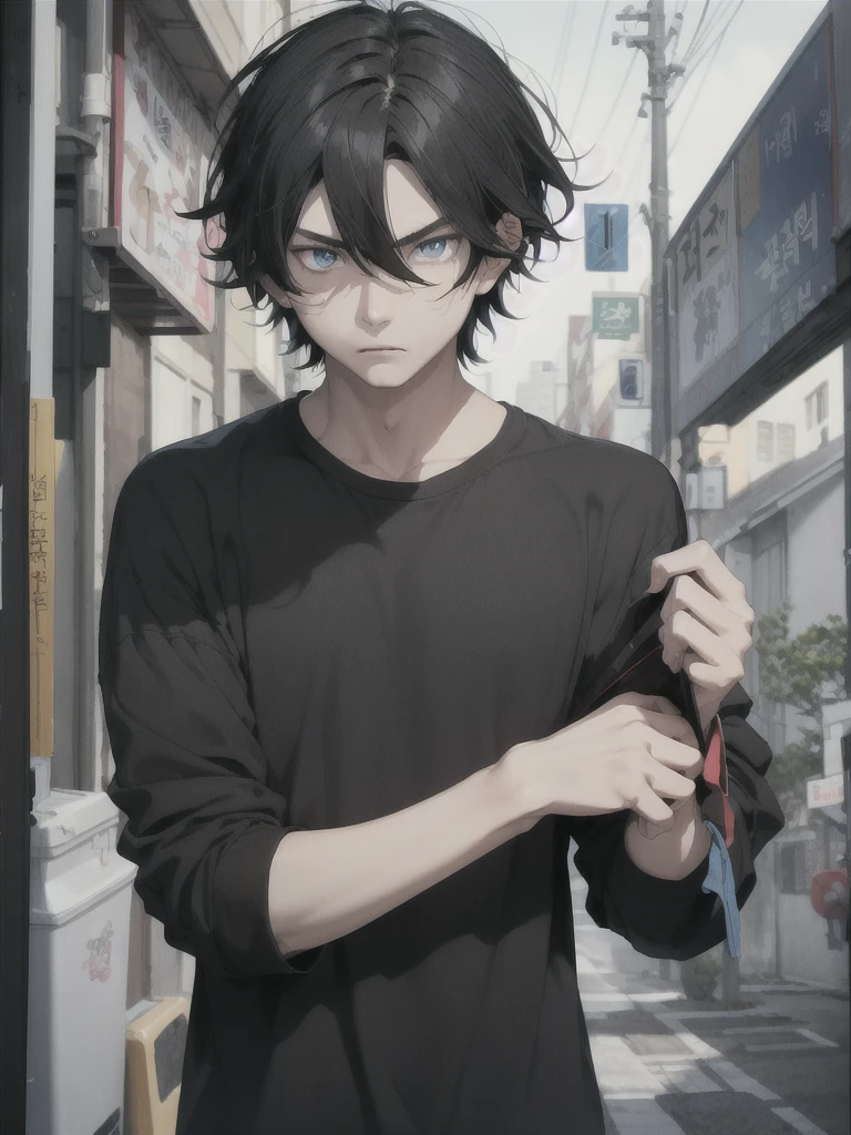 young man, messy black hair, Blue eyes, Korean, Casual clothes, shirts, anger, Masterpiece, high quality