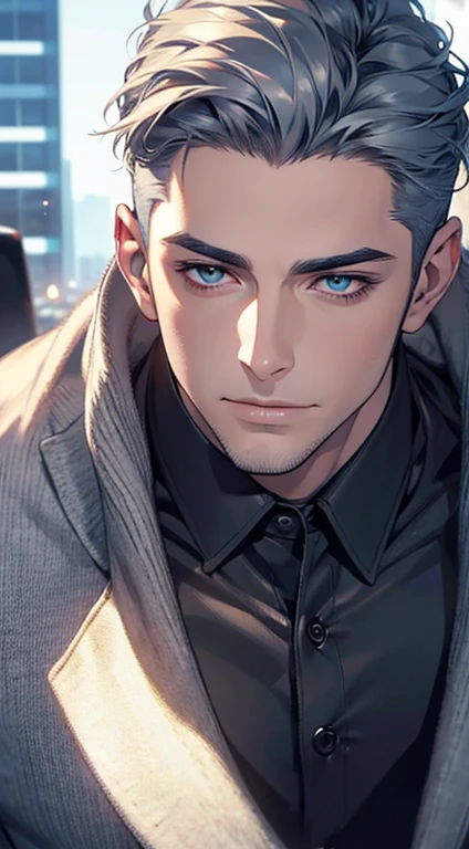 (best quality,4k,8k,highres,masterpiece:1.2),ultra-detailed,(realistic,photorealistic,photo-realistic:1.37),1 man,31 years old,mature man,very handsome,without expression,smile,short grey blue hair,blue eyes,penetrating gaze,perfect face without errors,imposing posture,businessman,office background,cinematic lighting,hdr image