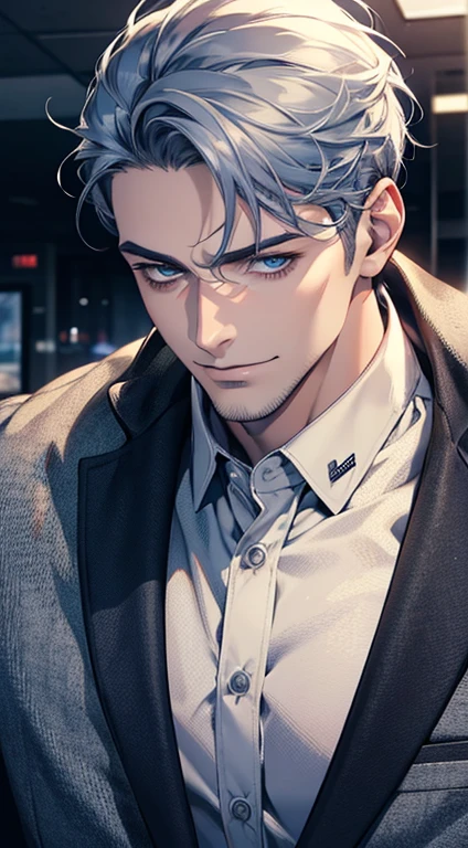 (best quality,4k,8k,highres,masterpiece:1.2),ultra-detailed,(realistic,photorealistic,photo-realistic:1.37),1 man,31 years old,mature man,very handsome,without expression,smile,short grey blue hair,blue eyes,penetrating gaze,perfect face without errors,imposing posture,businessman,office background,cinematic lighting,hdr image