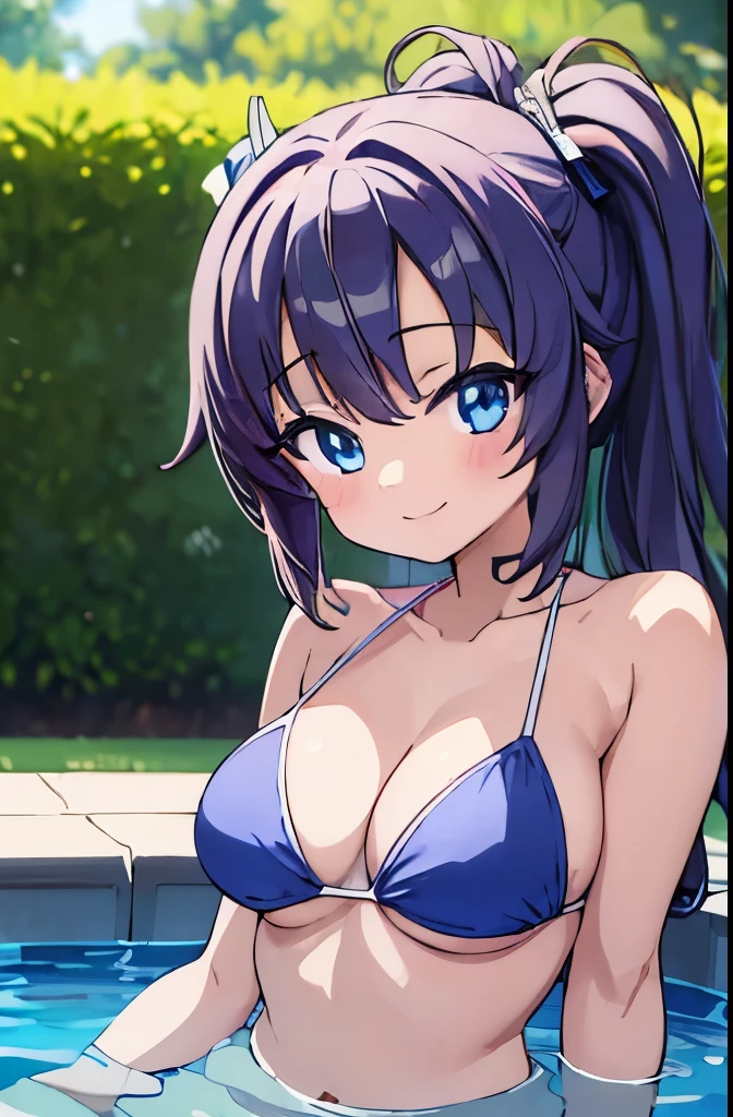 ((masterpiece)), ((best quality)), (ultra-detailed), anime style, pool, a cute girl, 1girl, solo, ((beautiful eyes)), smile, bikini00,