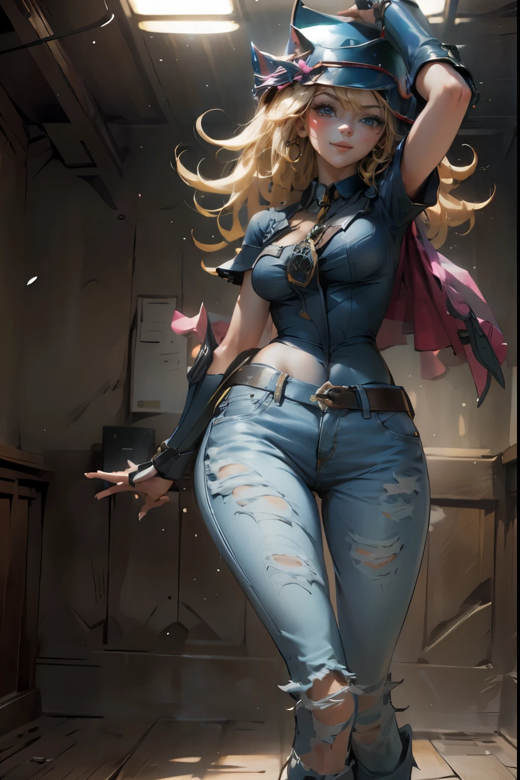 Beautiful dark magician gils waving, smiles and is flirtatious. She is wearing dark, tight jeans and heels . Dark jeans and gold heels. pose sexy