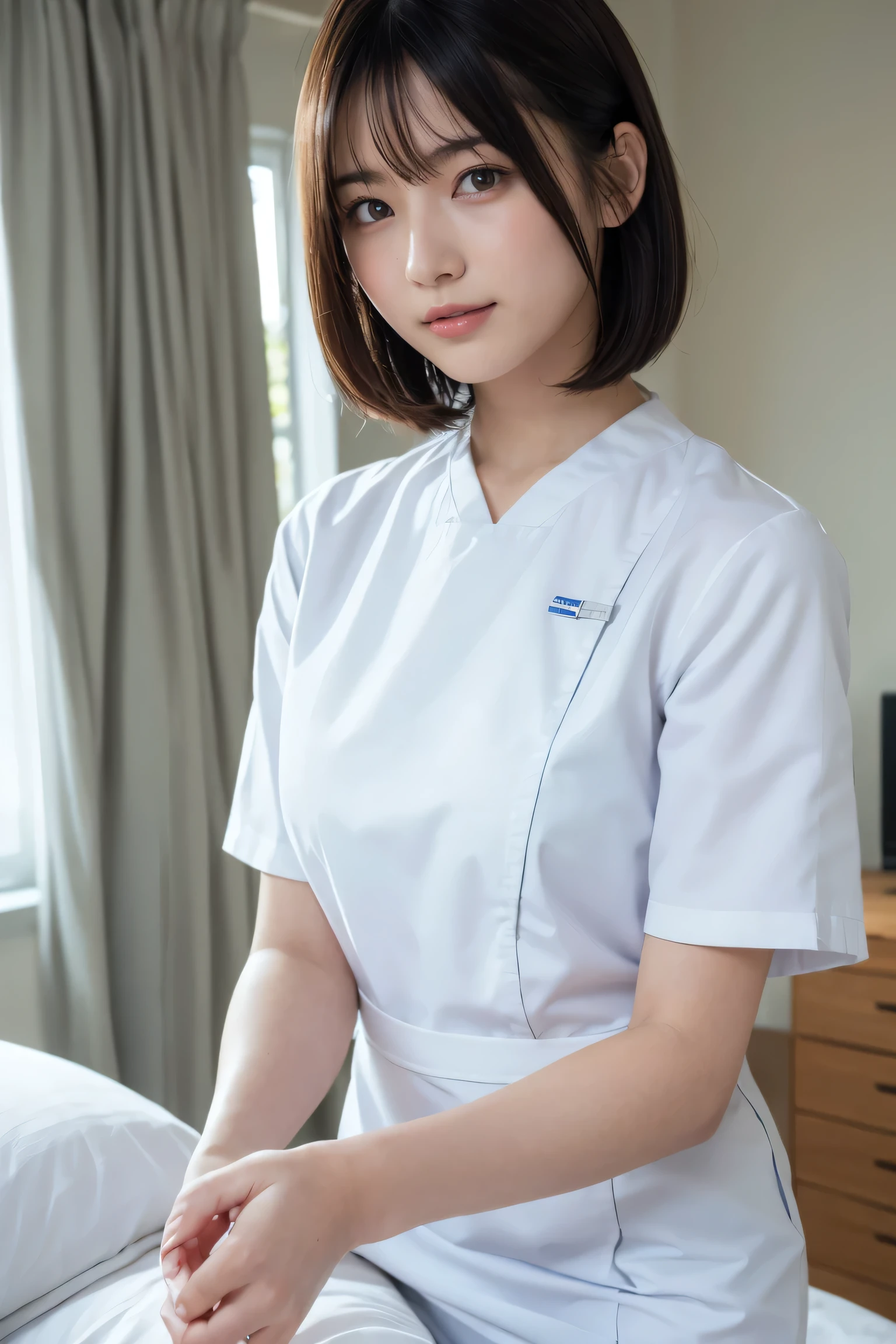 1 Girl,(Wearing white nurse clothes:1.2),(RAW Photos, Highest quality), (Realistic, photo-Realistic:1.4), masterpiece, Very delicate and beautiful, Very detailed, 2k wallpaper, wonderful, finely, Very detailed CG unity 8k wallpaper, Very detailedな, High resolution, Soft Light, Beautiful detailed girl, Very detailed eyes and face, Beautiful and detailed nose, finely beautiful eyes, nurse, Perfect Anatomy, Black Hair, Upstyle, nurse uniform,  Long skirt, nurse, White costume, thin, hospital, clear, White Uniform, hospital room, Neck auscultation,Bobcut、Flip up the skirt、20th Generation、smile、