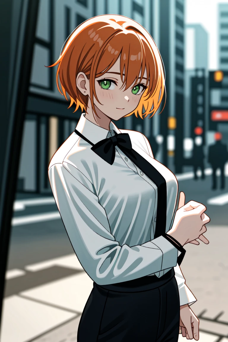 masterpiece, best quality, highly detailed background, perfect lighting, best quality, (extremely detailed face), volumetric lighting, intricate details, shadow, tonemapping, sharp focus, hyper detailed, trending on Artstation, (solo)
BREAK
(Blush, orange hair, green eyes, 25 years old, short hair, medium build, medium breasts ), (hands)
BREAK
((White shirt, long sleeve shirt, black pants, black tie, red bracelet))
BREAK
(city street )
BREAK
(Standing, facing_viewer,looking_at_viewer, light smile, closed mouth)
