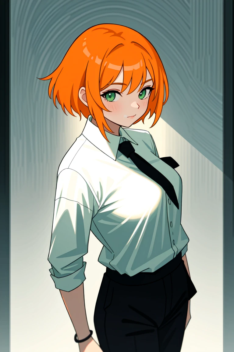 masterpiece, best quality, highly detailed background, perfect lighting, best quality, (extremely detailed face), volumetric lighting, intricate details, shadow, tonemapping, sharp focus, hyper detailed, trending on Artstation, (solo)
BREAK
(Blush, orange hair, green eyes, 25 years old, short hair, medium build, medium breasts ), (hands)
BREAK
((White shirt, long sleeve shirt, black pants, black tie, red bracelet))
BREAK
(city street )
BREAK
(Standing, facing_viewer,looking_at_viewer, light smile, closed mouth)