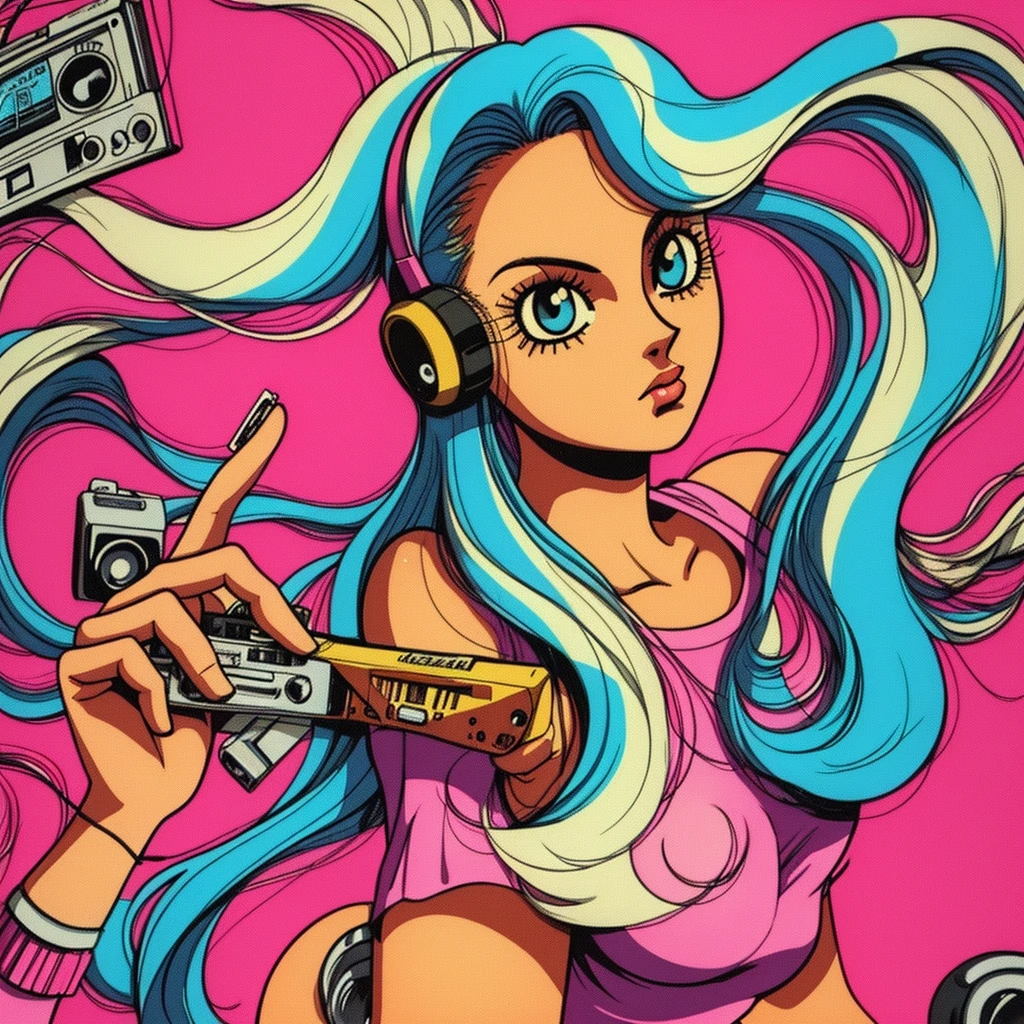 A person holding a cassette tape labeled ‘LOFI 1970-4,’ evoking a sense of nostalgia and retro music. The illustration style is reminiscent of manga or anime, with detailed hair and expressive line work.