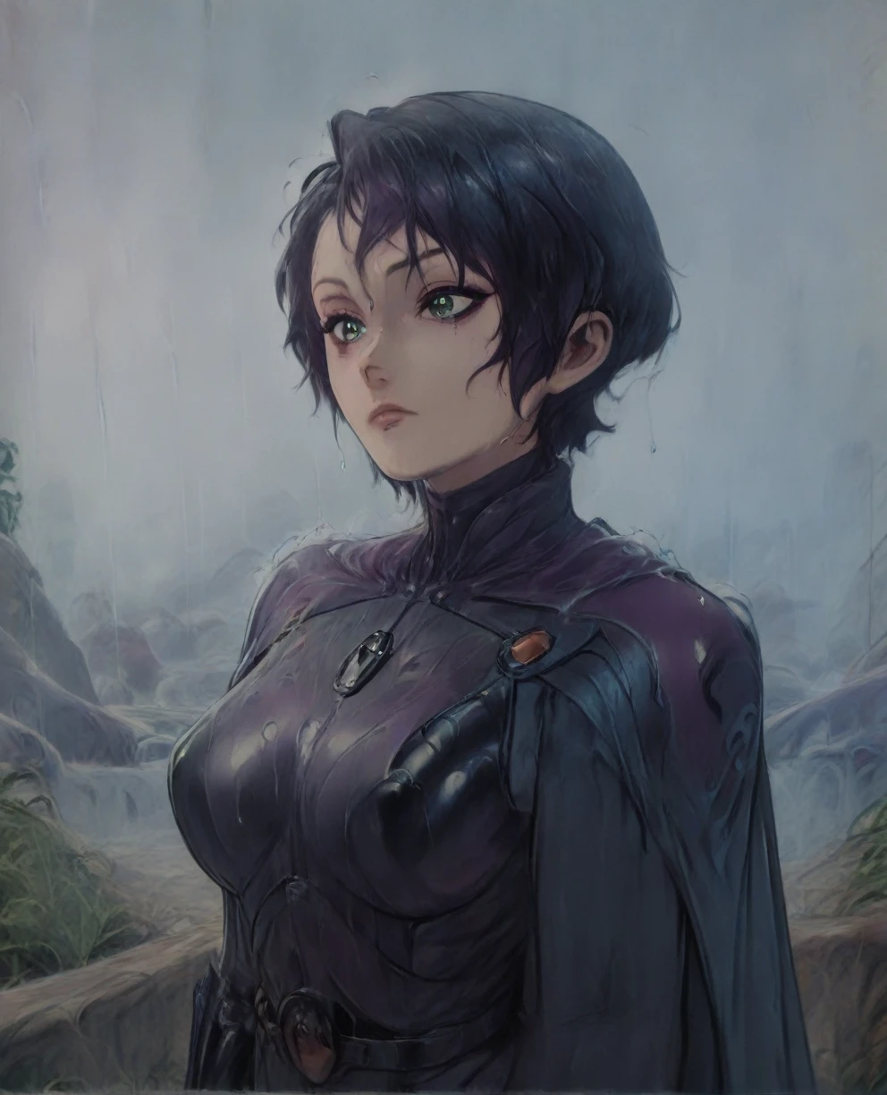 score_9,score_8_up,score_7_up,score_6_up, Trilla,green eyes,black hair, upper body, wet, armor,gloves,black bodysuit,black cape,belt,rain, science fiction,sith base, star wars, outdoors, rain, solo,fflixbag
wearing armor
sabine wren