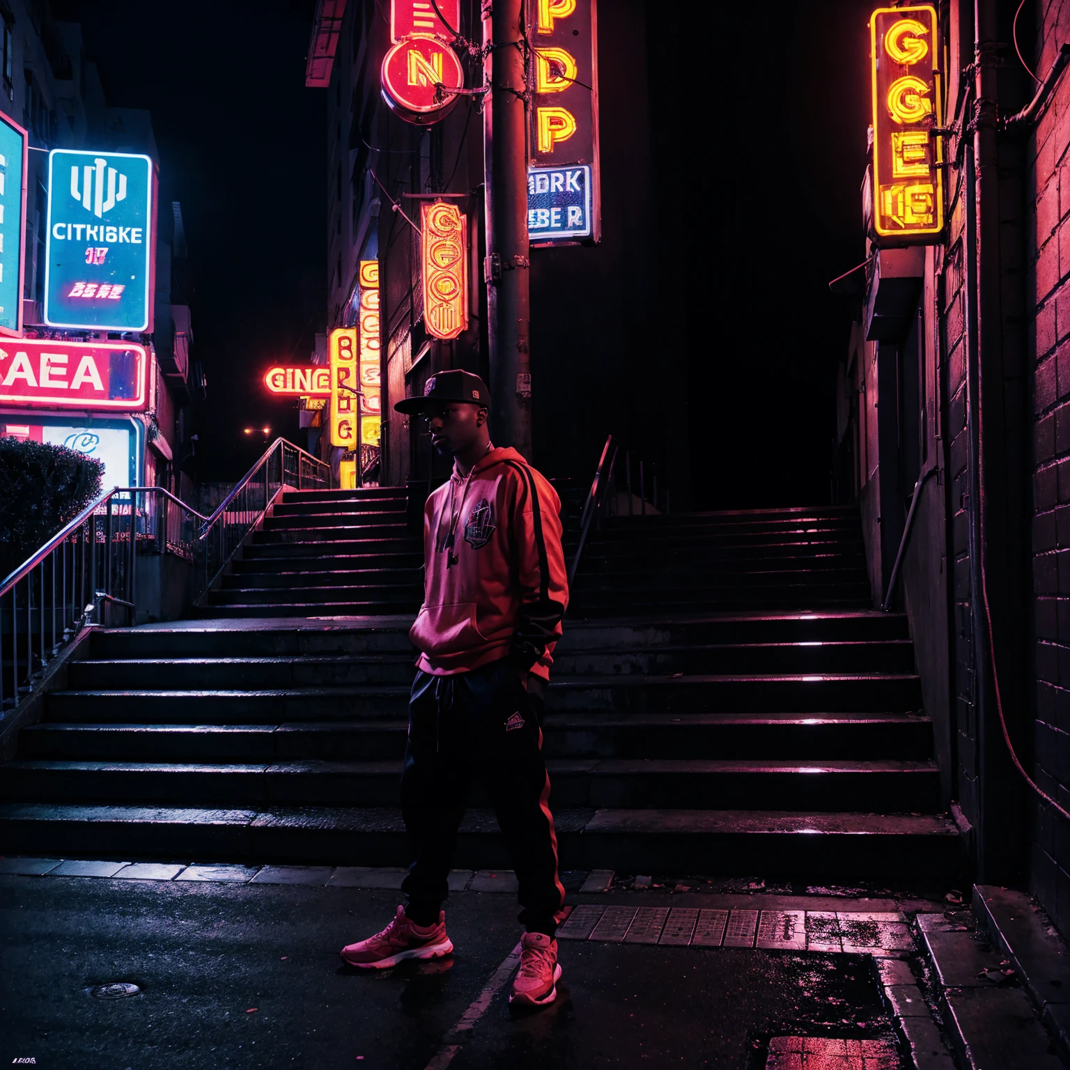 city street, night, neon light, stairs, (hip hop album cover art), (cover art), 