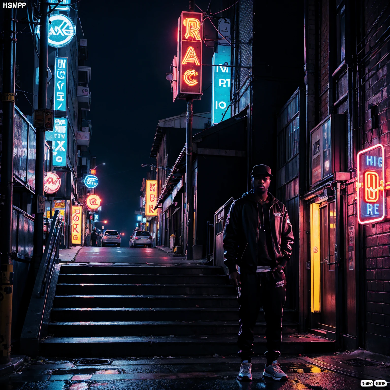 city street, night, neon light, stairs, (hip hop album cover art), (cover art), 