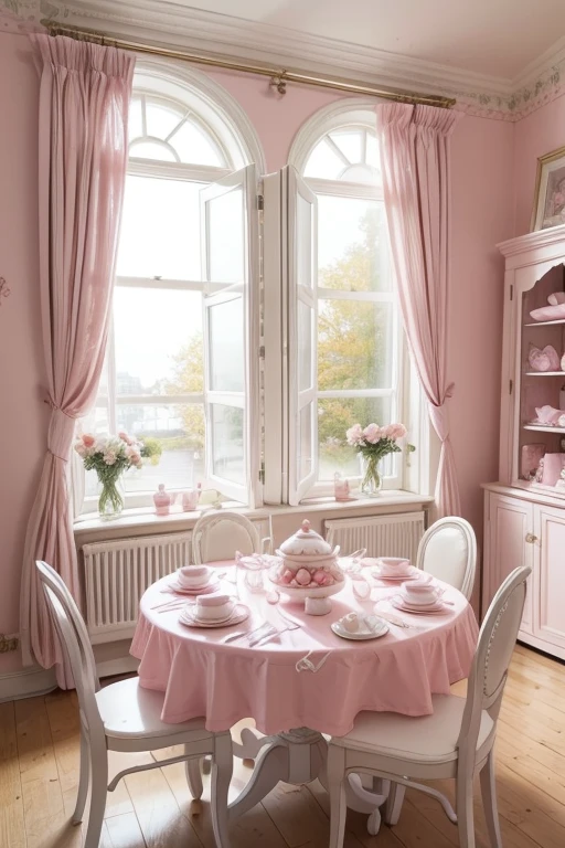 Predominant color palette: Pink, with touches of white and pastel.
Warm and welcoming atmosphere.
Teacups with bunny ears.
Cakes decorated with sugar carrots.
Windows with ruffled curtains.
Soft and cheerful background music, creating a modern fairytale atmosphere.