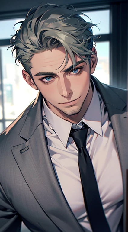 (best quality,4k,8k,highres,masterpiece:1.2),ultra-detailed,(realistic,photorealistic,photo-realistic:1.37),1 man,31 years old,mature man,very handsome,without expression,smile,short grey green hair,blue eyes,penetrating gaze,perfect face without errors,imposing posture,businessman,office background,cinematic lighting,hdr image