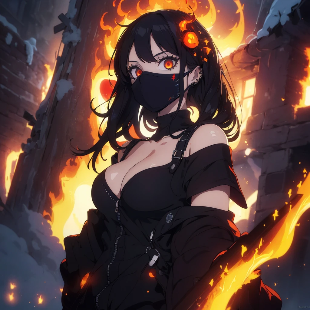 ((best quality)), ((masterpiece)), (detailed),score_9, score_8_up, score_8_up, 1girl, depth of field, raw, intimate shot, (goth girl, face mask, ski mask, close jacket, off shoulder), nsfw, pierced nipples, ((glowing particles, flames)), large perfect breasts, (holding a weapon), 