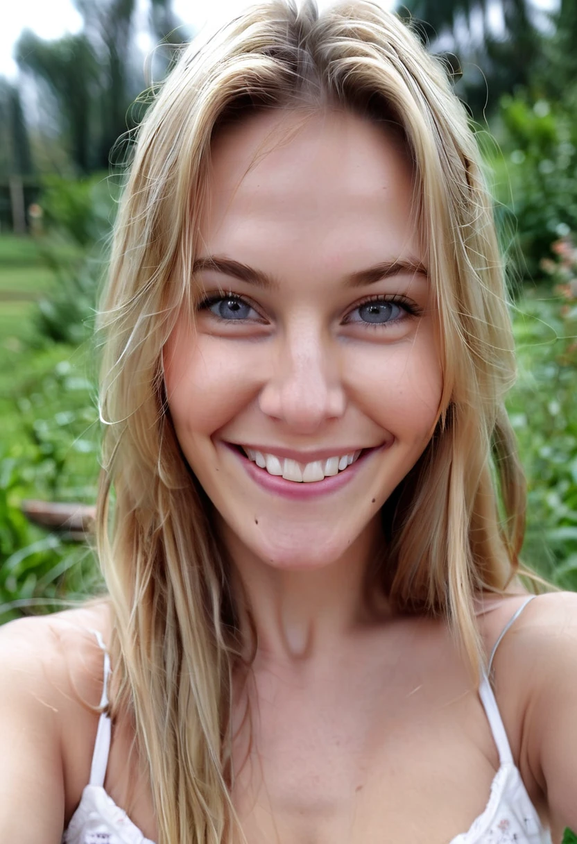 WOMAN 35 YEARS OLD, long blonde messy hair, Grinning, with open pores, wrinkles, gray eyes, big face and full lips, bushy eyebrows, is looking straight into the camera, with a welcoming look, , homemade looking photo, no effects and shine, must look like a real person, cell phone selfie photo, must have landscape background image