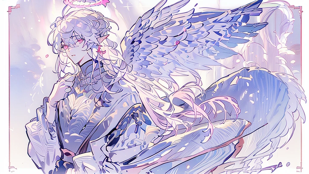 ((male focus)), ((reference sheet)), ((magnificent quality)), ((long white hair)), ((halo)), ((four angel wings)), ((pink eyes)), angel, angel boy, fancy clothes, regal clothes, ((wings for ears)), heart motif, pink gun with hearts on it, cupid, handsome male