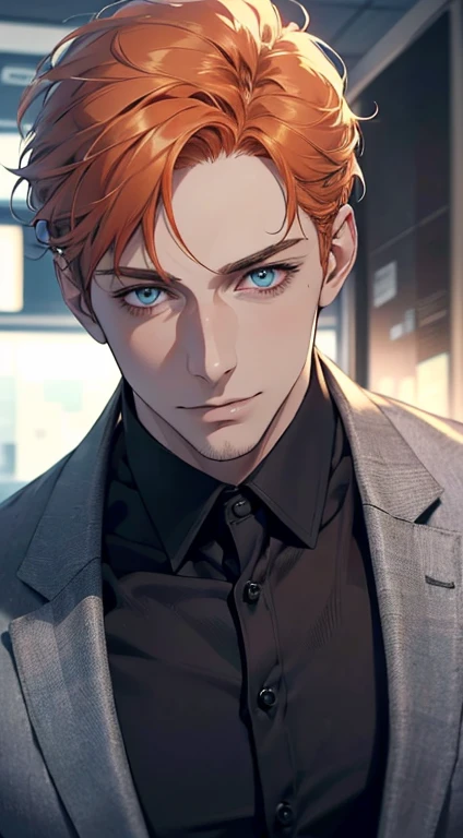 (best quality,4k,8k,highres,masterpiece:1.2),ultra-detailed,(realistic,photorealistic,photo-realistic:1.37),1 man,31 years old,mature man,very handsome,without expression,smile,short orange hair,blue eyes,penetrating gaze,perfect face without errors,imposing posture,businessman,office background,cinematic lighting,hdr image