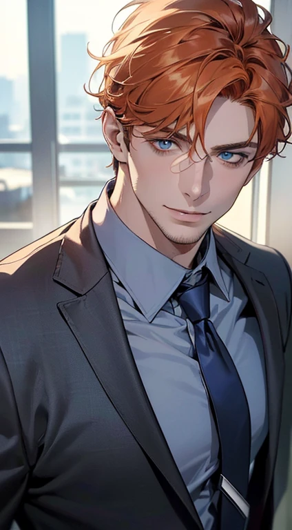 (best quality,4k,8k,highres,masterpiece:1.2),ultra-detailed,(realistic,photorealistic,photo-realistic:1.37),1 man,31 years old,mature man,very handsome,without expression,smile,short orange hair,blue eyes,penetrating gaze,perfect face without errors,imposing posture,businessman,office background,cinematic lighting,hdr image