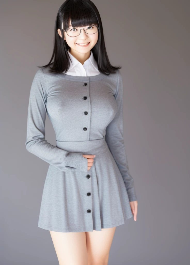 masterpiece,Highest quality,Top 1 Girl, alone, Realistic, View your viewers, Black Hair,Glasses,Simple Background,smile,Big Breasts,whole body,Button and collared shirt,Slender,skirt,Thin and beautiful legs