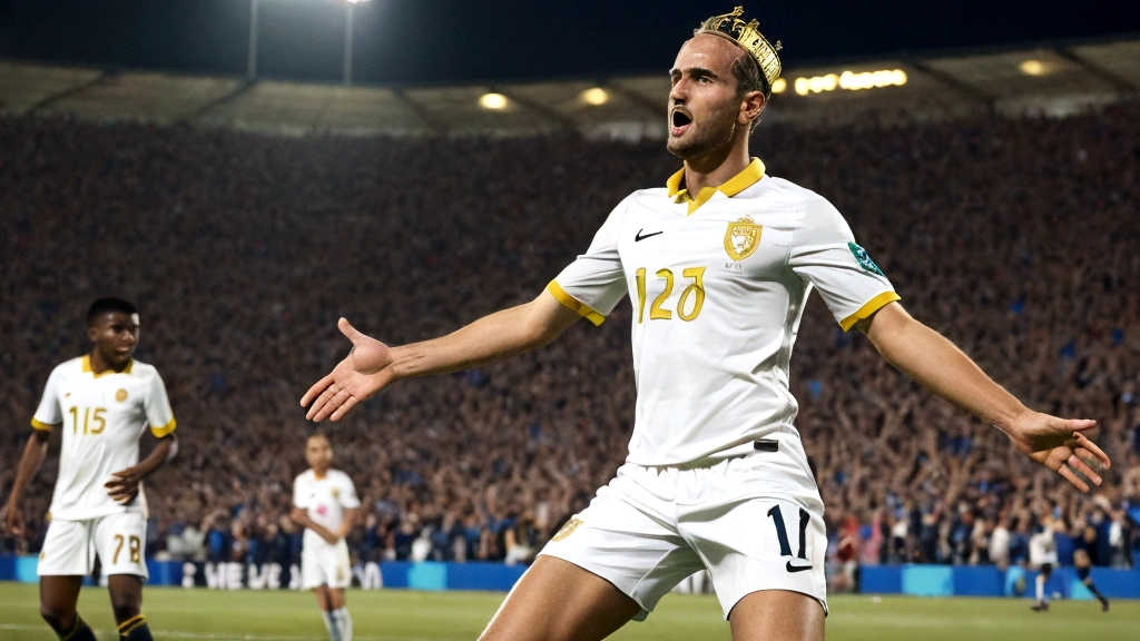 soccer player, golden crown on the head, euphoric celebration, soccer field