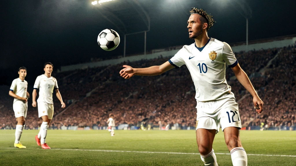 Create an image of a full-body soccer player on the field. The player should have a medium skin tone, medium-length male hair, be 1.75 meters tall, and weigh 65 kilograms.