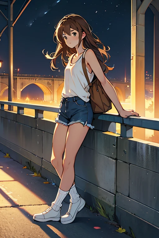 , long brown hair, White shirt, denim tank shorts, long socks, on the edge of a bridge, at night, In the dark