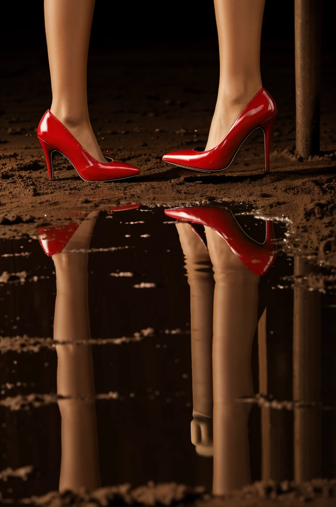 reflection of red heels in the mud,turning the lights on at night
