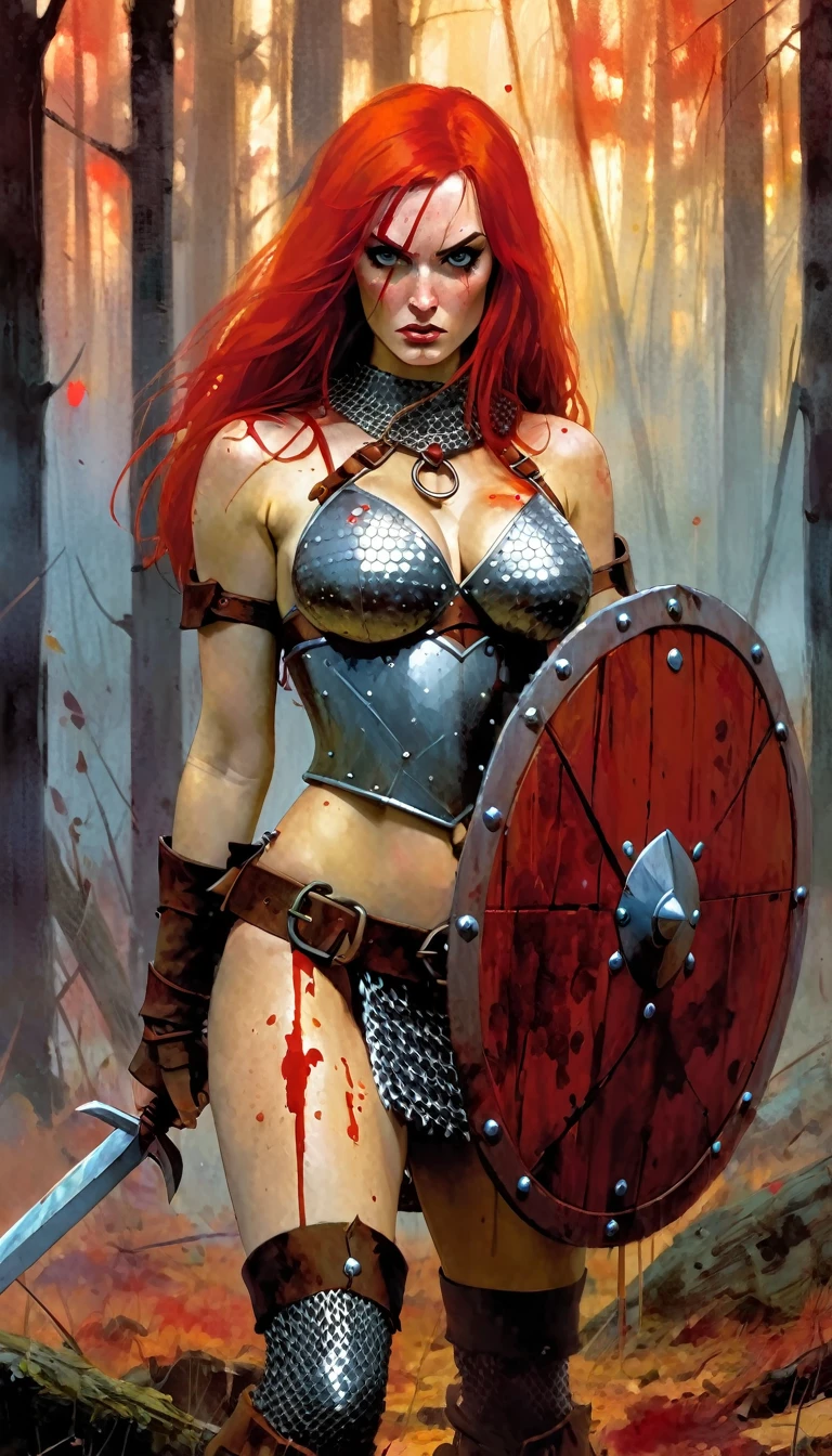 A fierce redhead warrior, Red Sonja, in chain mail, very sexy, full of blood, with a wooden shield, in a closed forest landscape, autumn, blood stains , dramatic lighting, art inspired by Bill Sienkiewicz