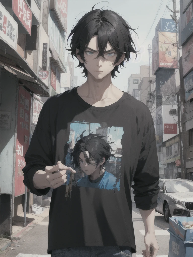 young man, messy black hair, Blue eyes, Korean, Casual clothes, shirts, anger, Masterpiece, high quality, 2D, handsome, 