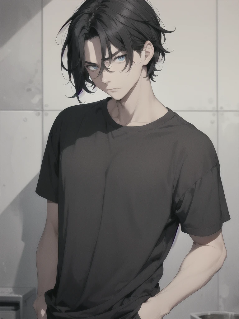 young man, messy black hair, Blue eyes, Korean, Casual clothes, shirts, anger, Masterpiece, high quality, 2D, handsome,