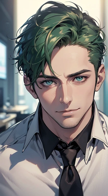 (best quality,4k,8k,highres,masterpiece:1.2),ultra-detailed,(realistic,photorealistic,photo-realistic:1.37),1 man,31 years old,mature man,very handsome,without expression,smile,short green hair,blue eyes,penetrating gaze,perfect face without errors,imposing posture,businessman,office background,cinematic lighting,hdr image