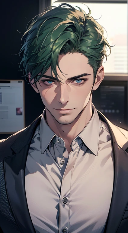 (best quality,4k,8k,highres,masterpiece:1.2),ultra-detailed,(realistic,photorealistic,photo-realistic:1.37),1 man,31 years old,mature man,very handsome,without expression,smile,short green hair,blue eyes,penetrating gaze,perfect face without errors,imposing posture,businessman,office background,cinematic lighting,hdr image