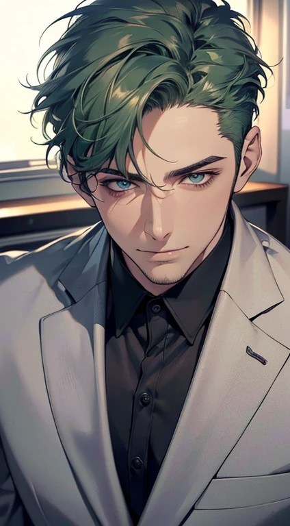 (best quality,4k,8k,highres,masterpiece:1.2),ultra-detailed,(realistic,photorealistic,photo-realistic:1.37),1 man,31 years old,mature man,very handsome,without expression,smile,short green hair,blue eyes,penetrating gaze,perfect face without errors,imposing posture,businessman,office background,cinematic lighting,hdr image