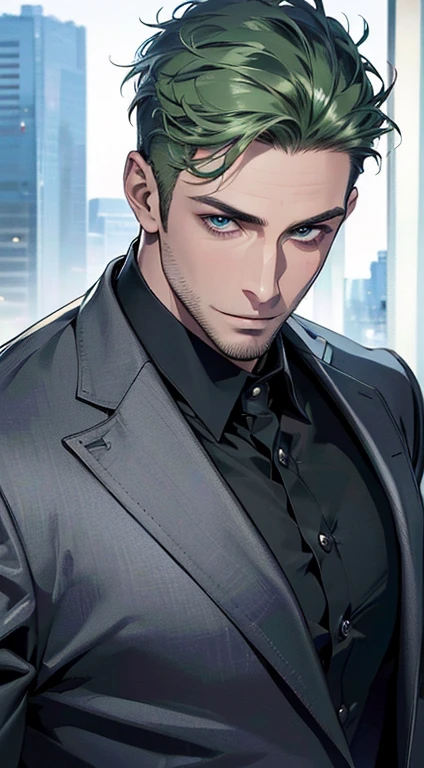 (best quality,4k,8k,highres,masterpiece:1.2),ultra-detailed,(realistic,photorealistic,photo-realistic:1.37),1 man,31 years old,mature man,very handsome,without expression,smile,short green hair,blue eyes,penetrating gaze,perfect face without errors,imposing posture,businessman,office background,cinematic lighting,hdr image