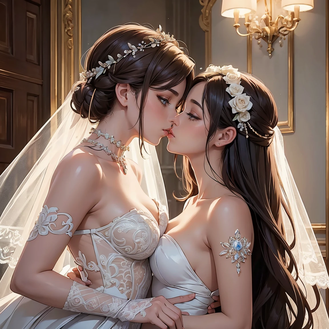 (masterpiece, highest quality, official art, beauty and aesthetic), two stunning bride is deeply in love with each other, kiss