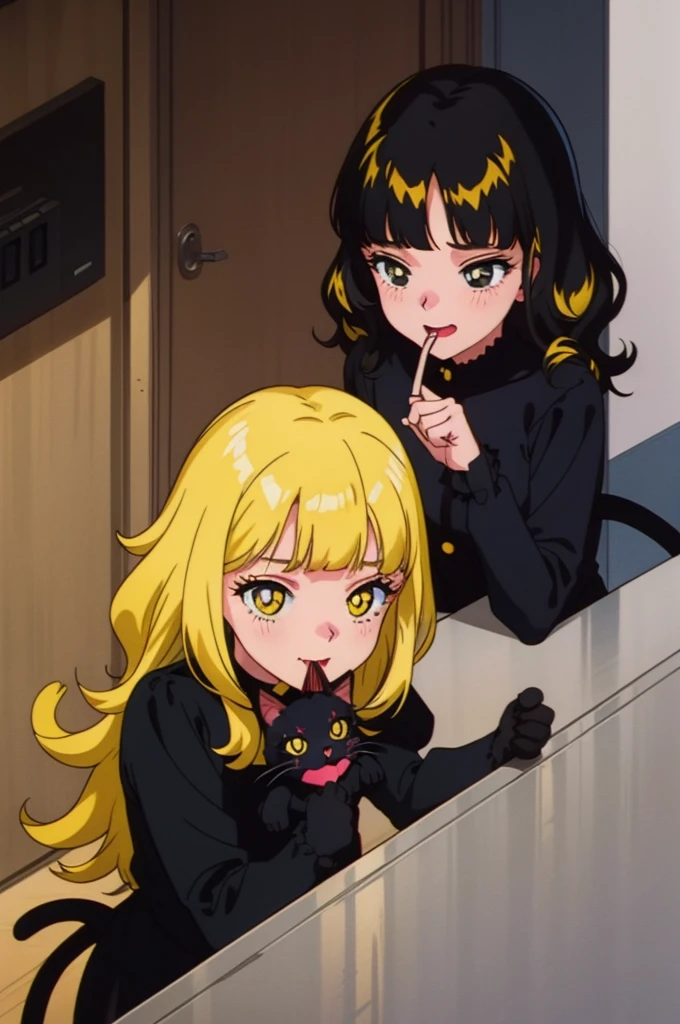 ((Anime Screen Capture:1.3))、Highest quality、masterpiece、((The girl is with the black cat:1.3))、((1 Girl:1.3))、((She has curly hair:1.5))、((Perm:1.3))、((Her mouth is big、White teeth are visible:1.ur teeth are very beautiful:1.5))、(((She has her bangs down:1.8)))、(((Her bangs are straight:1.8)))、(((Yellow Hair:1.8)))、((black eye:1.8))、Detailed face、((Black cat and little g(Black Cat Tango))、((whole body:1.5))