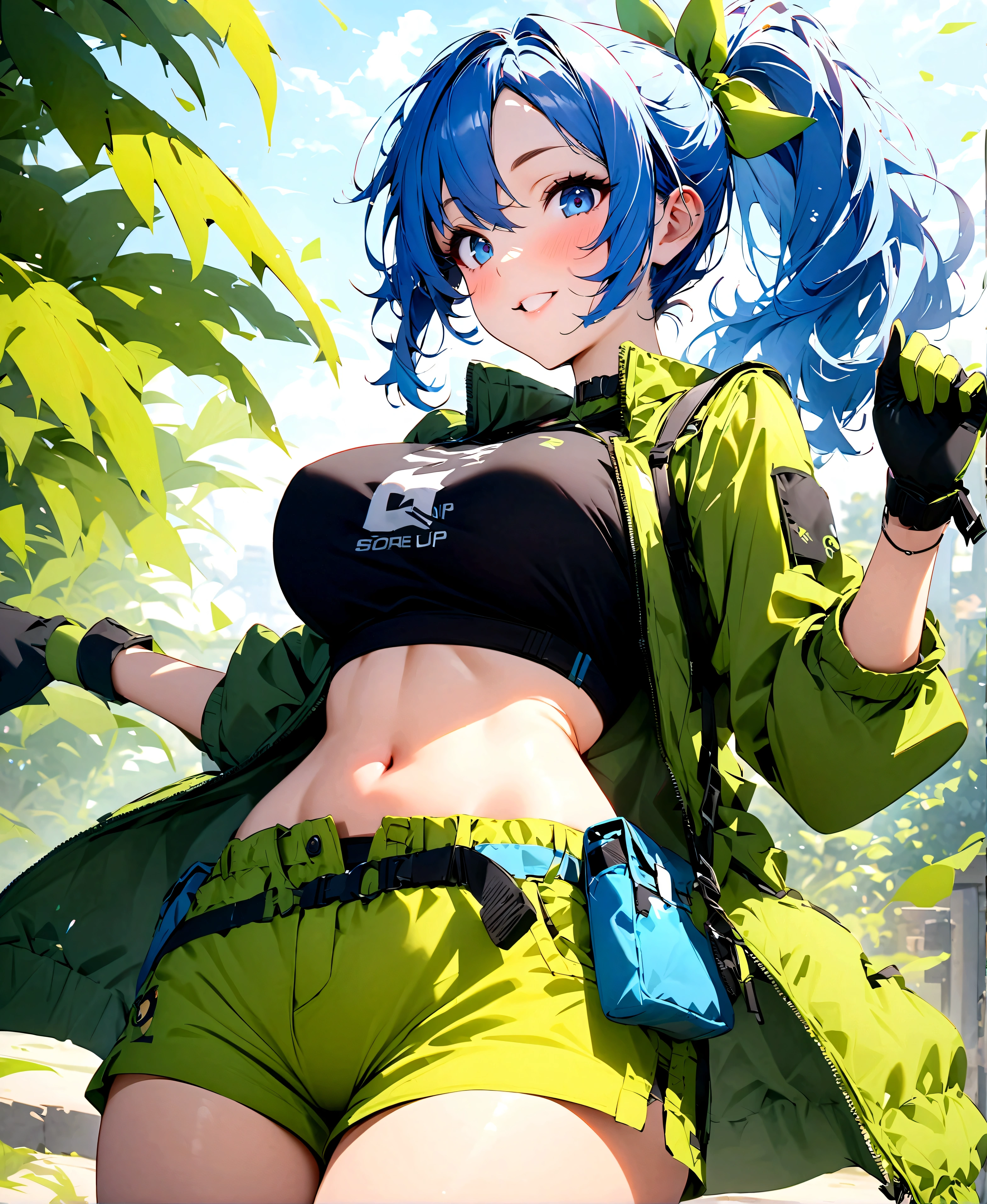 score_9, score_8_up, score_7_up, score_6_up, score_5_up, score_4_up, 1girl, solo, extreme detail, Masterpiece, Best Quality, beautiful, high res image,
leonakofdg, blue eyes, blue hair, ponytail,
Large breasts, wide hips, big ass, full lips,
gloves, jacket, crop top, shorts,green jacket, green shorts,