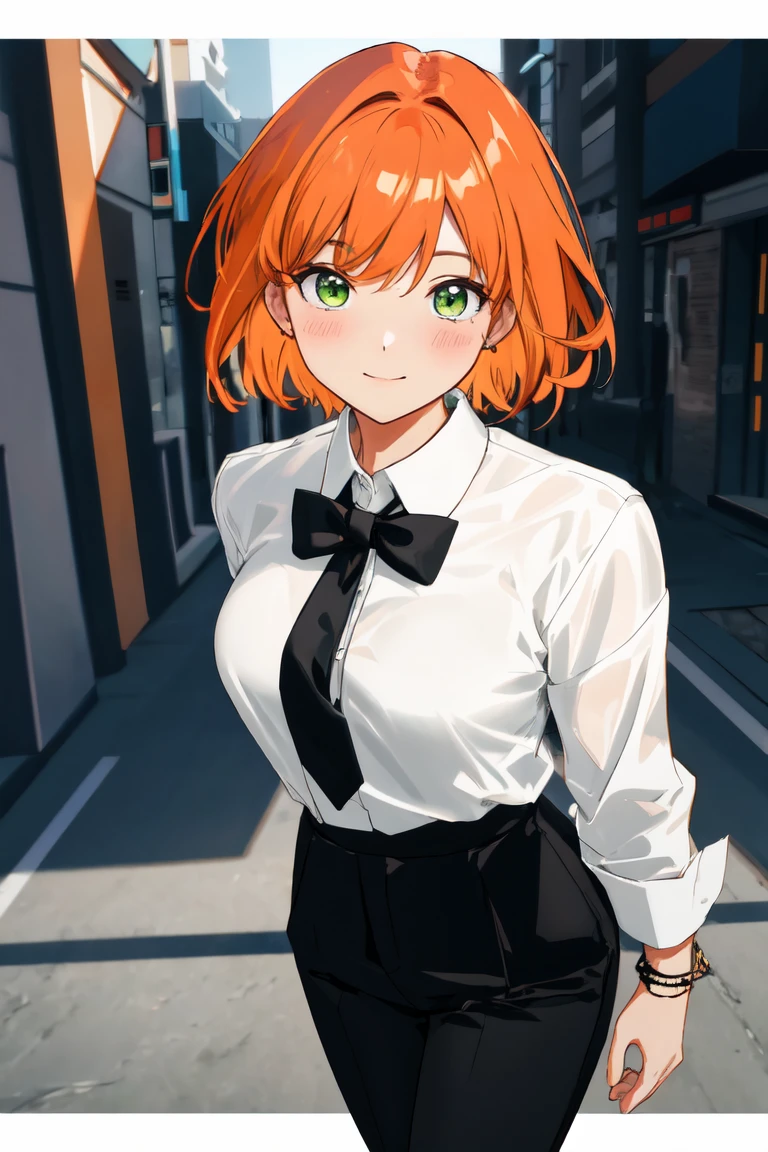 masterpiece, best quality, highly detailed background, perfect lighting, best quality, (extremely detailed face), volumetric lighting, intricate details, shadow, tonemapping, sharp focus, hyper detailed, trending on Artstation, (solo)
BREAK
(Blush, orange hair, green eyes, 25 years old, short hair, medium build, medium breasts ), (hands)
BREAK
((White shirt, long sleeve shirt, black pants, black tie, red bracelet))
BREAK
(city street )
BREAK
(Standing, facing_viewer,looking_at_viewer, light smile, closed mouth)
