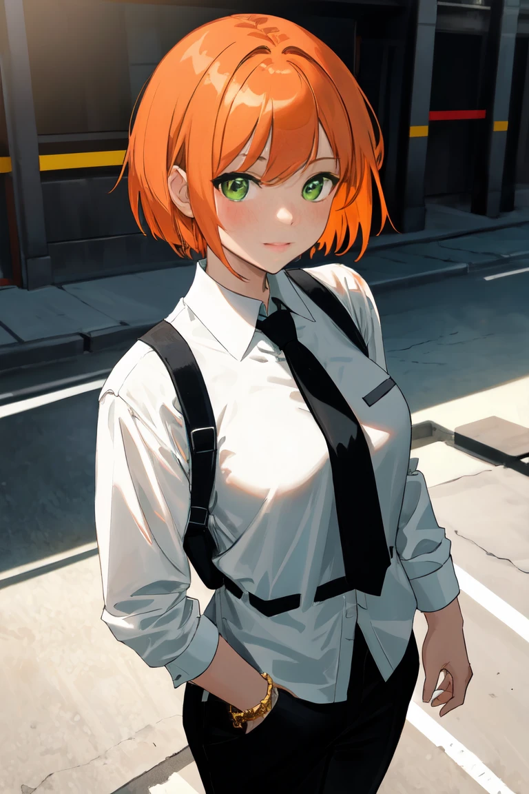 masterpiece, best quality, highly detailed background, perfect lighting, best quality, (extremely detailed face), volumetric lighting, intricate details, shadow, tonemapping, sharp focus, hyper detailed, trending on Artstation, (solo)
BREAK
(Blush, orange hair, green eyes, 25 years old, short hair, medium build, medium breasts ), (hands)
BREAK
((White shirt, long sleeve shirt, black pants, black tie, red bracelet))
BREAK
(city street )
BREAK
(Standing, facing_viewer,looking_at_viewer, light smile, closed mouth)