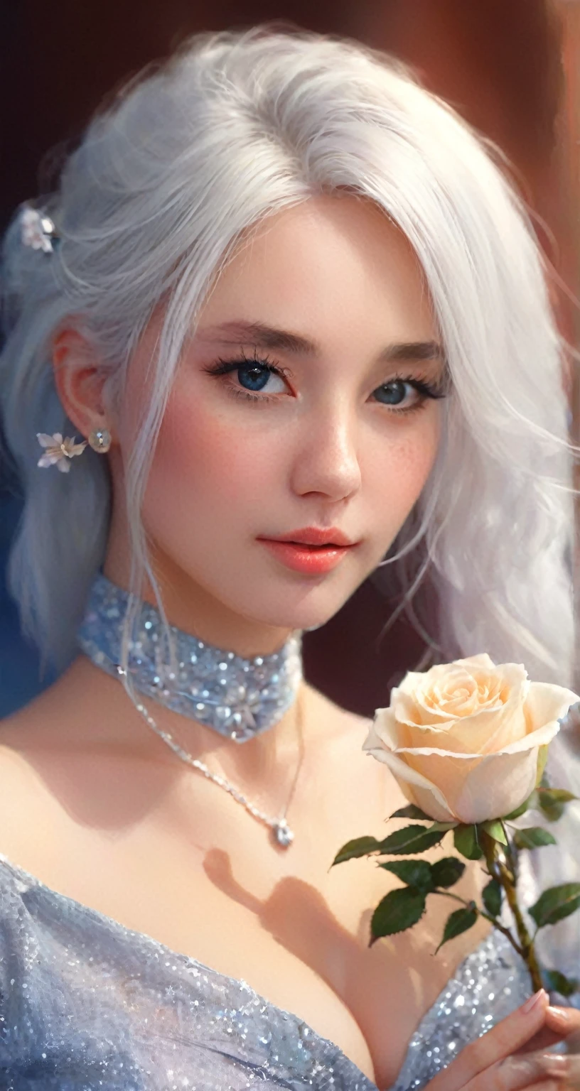 a close up of a woman with a rose in her hand, artwork in the style of guweiz, realistic artstyle, girl with white hair, 🌺 cgsociety, guweiz, trending on cgstation, perfect white haired girl, in the art style of bowater, fantasy art style, inspired by Yanjun Cheng, beautiful digital artwork, show