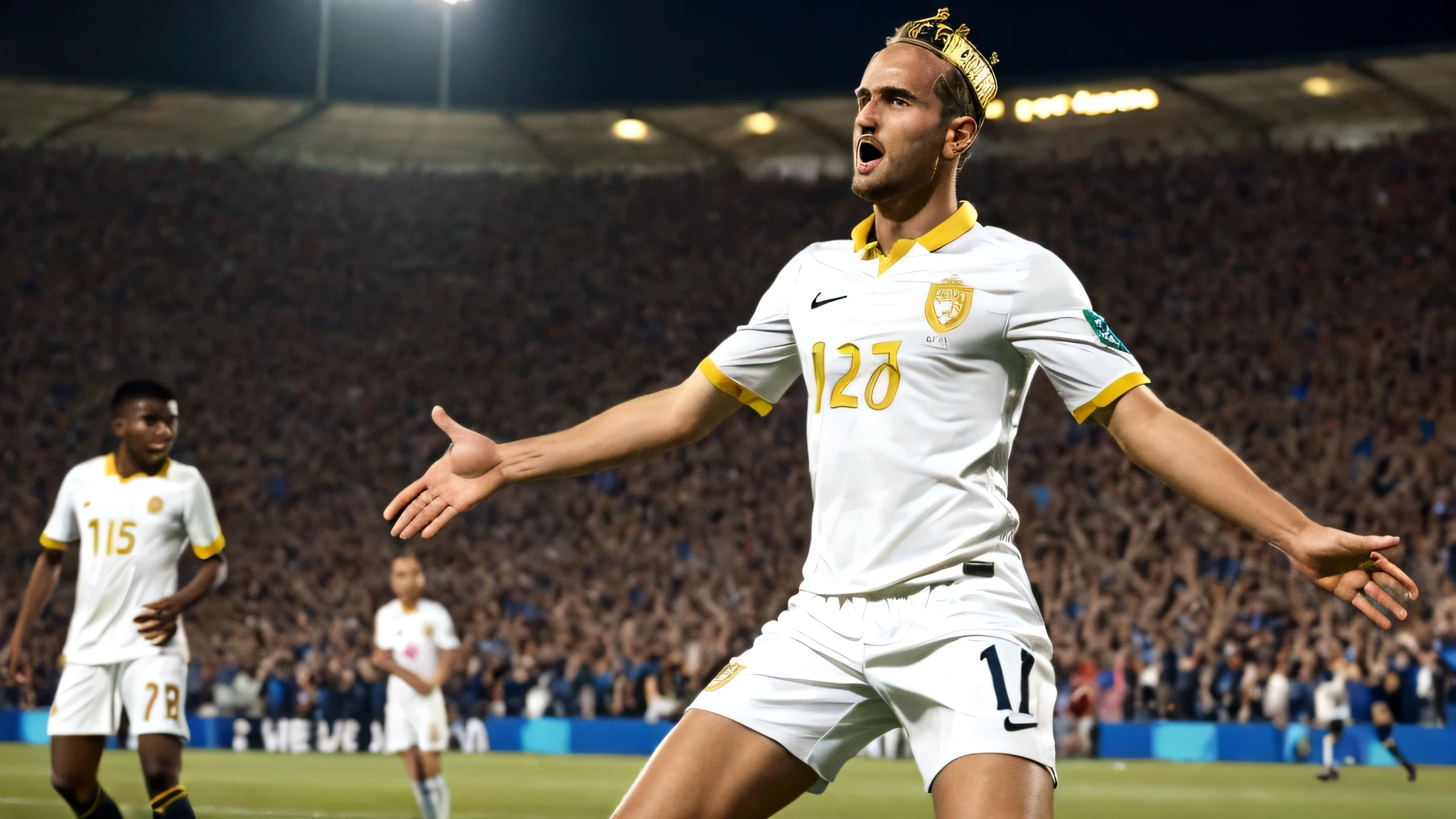 soccer player, golden crown on the head, euphoric celebration, soccer field