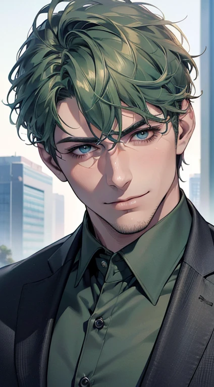 (best quality,4k,8k,highres,masterpiece:1.2),ultra-detailed,(realistic,photorealistic,photo-realistic:1.37),1 man,31 years old,mature man,very handsome,without expression,smile,short green hair,blue eyes,penetrating gaze,perfect face without errors,imposing posture,businessman,office background,cinematic lighting,hdr image